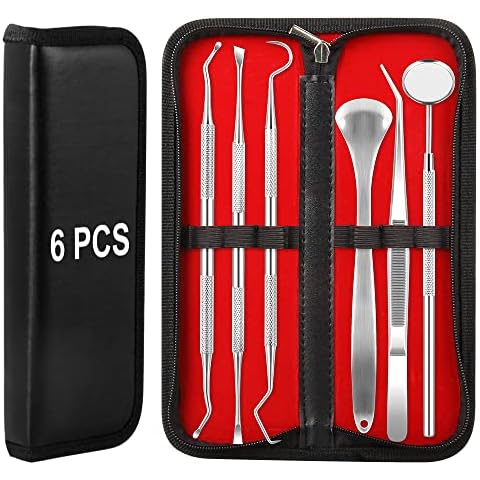 Dental Care Tools Kit Linkevp Teeth Cleaning Set 6PcsDental Pick Stainless Steel Dental Hygiene Pack Including Mouth Mirror Tweezer Tongue Cleaner Cover