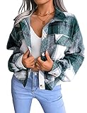 Womens Casual Plaid Shacket Long Sleeve Wool Blend Button Down Shirt Jacket Tops(Green,S)