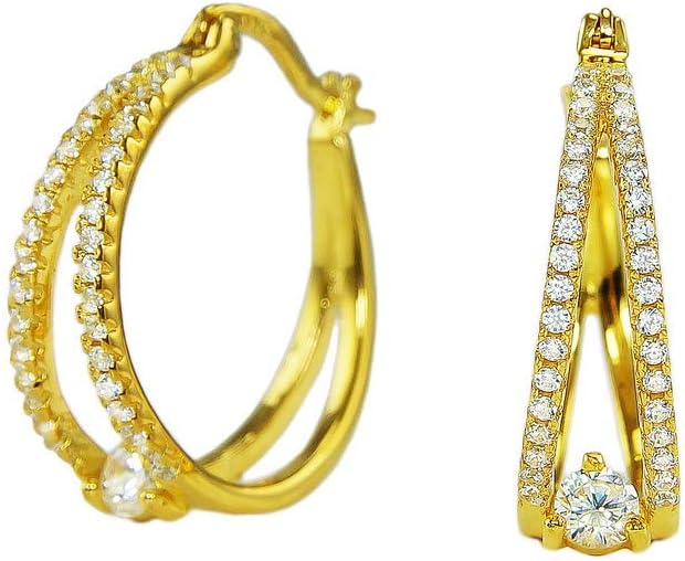 Gold Plated 925 Sterling Silver Round Cubic Zirconia Pave Split Shank Huggie Hoop Earrings