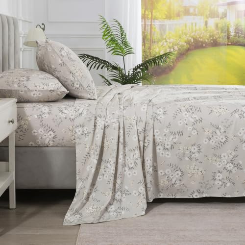 Image of Grayish Beige Floral Percale Sheets Queen Size, Deep Pocket, 4Pcs