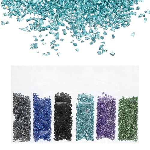 QUARKZMAN Triturado Vidrio Alto Brillo Chips 1-3mm 29G Irregular Vidrio Metálico Cristal Chips para Resina Artes Artesanía Bricolaje Jarrón Relleno, 6 Colores, Azul Verde Color Serie