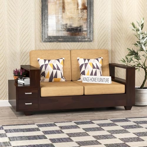Image of KINGS HOME FURNITURE Sheesham Wood 7 Seater Sofa Set with 2 Drawer Storage | 3+2+2 Wooden Sofa Set Furniture for Living Room Home Office (3+2+2,Walnut)