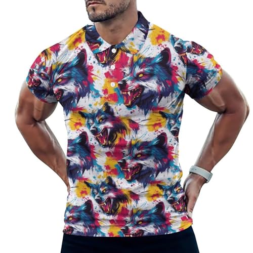 Polo de golf homme anti-humidité imprimé loup coloré coupe sèche