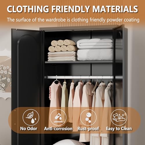 Polup Metal Armoire Wardrobe Closet with Drawer, 71“ Tall Freestanding Wardrobe Cabinet with Doors and Shelves, Large Armoire with Hanging Rod, Clothes Cabinets for Bedroom, Black, Assembly Required
