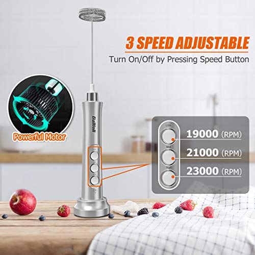 Milk Frother Handheld, Dallfoll USB Rechargeable Electric Mini Foam Maker for Coffee Lattes, 3 Speeds Milk Foamer Drink Mixer with 3 Whisks for Bulletproof Coffee, Cappuccino, Matchatproof Coffee, Matcha