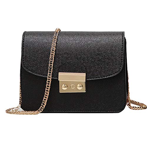 heling896 Moda PU Tela Color sólido Mini Bolsa Cuadrada Hebilla de Metal Cadena Plana Correa para el Hombro Bolsos Hombro Bolsa pequeña Cadena Plana Bolsa pequeña Cuadrada - Negro