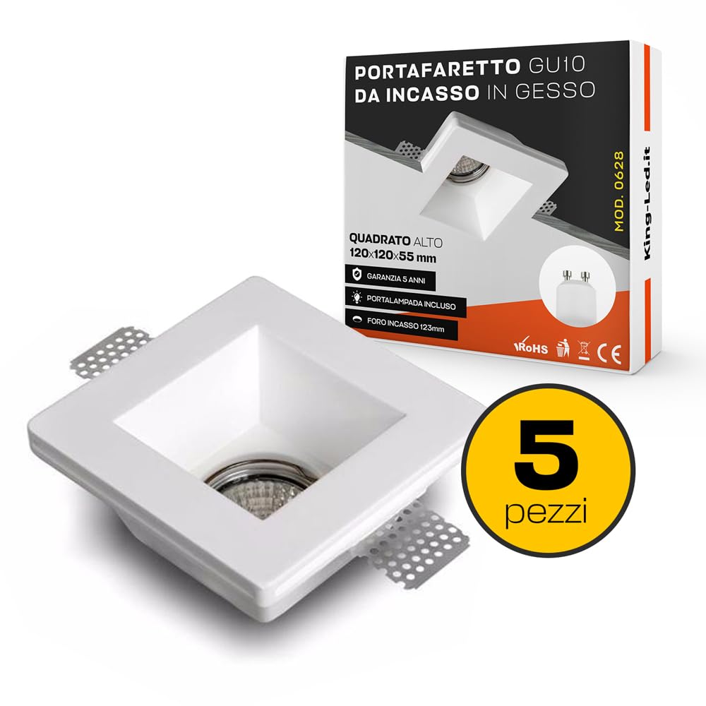 Kingled Confezione da 5pz di Portafaretti in Gesso Ceramico Modello Quadrato Semplice con Attacco GU10, Faretti in Gesso da Incasso per Cartongesso, Cornici in Gesso Verniciabile