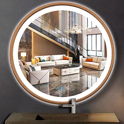 ARUMMA Espejo Redondo de Madera de 24 Pulgadas con Luces LED con Marco de Madera, Espejo Redondo Iluminado para Pared de baño, Espejos iluminados, 3 Colores, Regulables, antivaho, círculo de baño