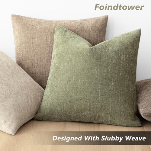 Image of Foindtower Pack of 2 Soft Textured Chenille Throw Decorative Pillow Covers Square Accent Solid Cushion Cover Cozy Neutral Farmhouse Pillow Case for Couch Sofa Bedroom Living Room 16x16 Inch,Sage Green
