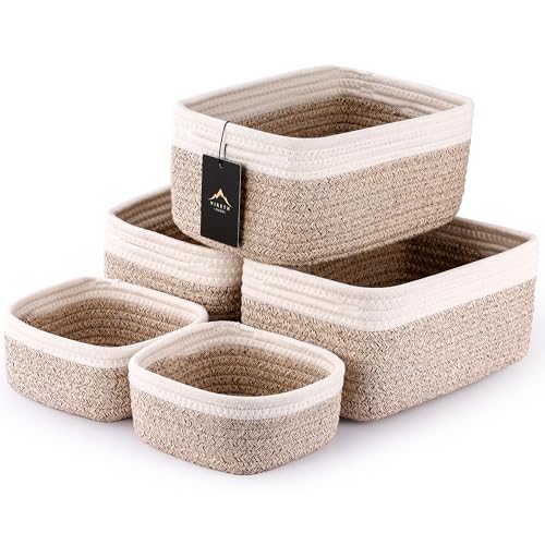 VIRETH HAUS 5-Pack Small Woven Rope Storage Baskets – 2 Sizes Organizer Bins for Closet, Shelf, Bookshelf, Nursery, Changing Table, Fabric Cube...