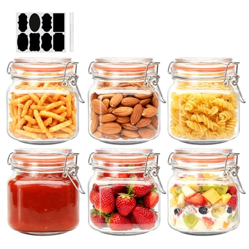 Encheng 25 oz Glass Jars With Airtight Lids And Leak Proof Rubber Gasket,Wide Mouth Mason Jars With Hinged Lids For Kitchen Canisters 750ml, Glass Storage Containers 6 Pack