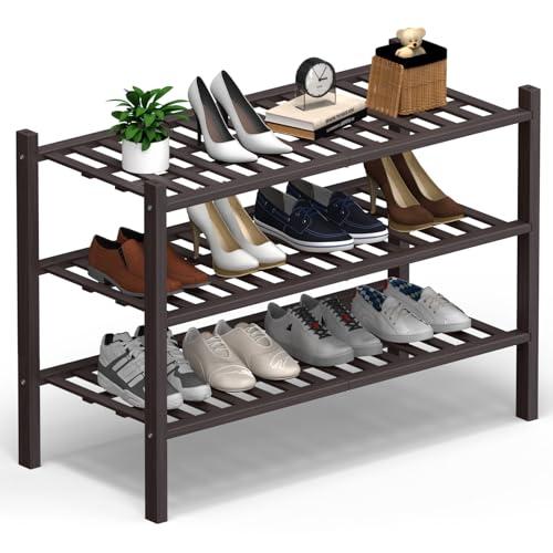 Haddockway 3 Tier Bamboo Shoe Rack Storage Organizer, Multifunctional Free Standing Stackable Shoe Shelf with Grid Panel for Closet,Hallway,Entryway,Small Space 27"x11"x20"