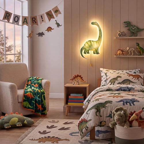 Image of Aurelema Dinosaur Night Light Wall Lamp Sleeping Nursery Lighting Cute Floating Battery Operated Hanging Lamp for Baby Boys Girls Bedroom Room Nursery Wall Decorations