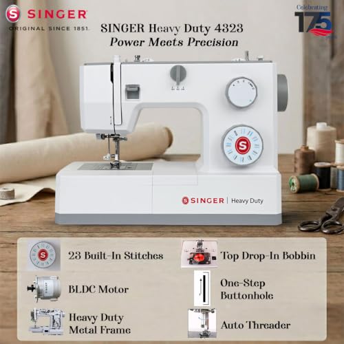 Image of SINGER HD 4323 BLDC Sewing Machine Electric | 23 Built-In Stitches | 58 Stitch Functions | 1-Step Buttonhole | Adjustable Width (6mm) & Length | LED Light | Automatic Bobbin Winding | Easy Stitch Dial