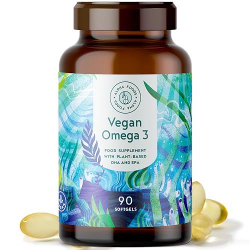 Omega 3 Vegan | 90 cápsulas | Omega-3 Ácidos Grasos 225mg EPA, 450mg DHA para Corazón, Vista, Cerebro | Aceite de Pescado | Alternativa al Aceite de Hígado de Bacalao | Alpha Foods