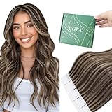 Ugeat Tape in Hair Extensions Human Hair Highlight Tape in Extensions Dark Brown Mix Caramel Blonde Highlights Hair Extension Tapes in for Women 14 Inch 20Pcs 40G