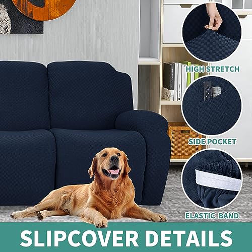 Image of YEMYHOM 8 Pieces Stretch Recliner Sofa Cover Jacquard Reclining Couch Cover with Side Pocket Anti-Slip Fitted 3 Cushion Furniture Slipcovers with Elastic Bottom (Large, Navy)