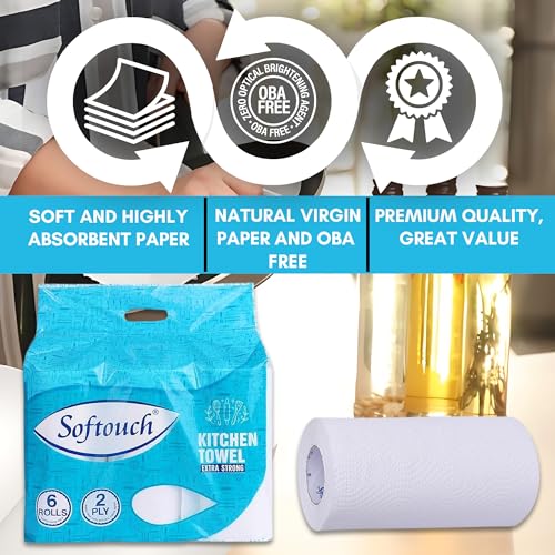 Image of Softouch 2 Ply Kitchen Tissue Rolls | 390 Pulls | 65 Kitchen Towels X 6 Rolls | Soft And Highly Absorbent | 100% Natural Virgin Cellulose Fiber