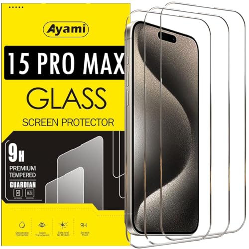 Ayami New [3 Pack Set] Designed for iPhone 15 Pro Max Screen Protector (6,7"), Ultra-tough Full Tempered Glass Film, Easy Installation, Full Coverage, Bubble Free,9H Hardness.