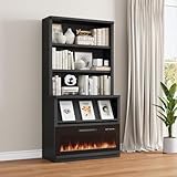 Rresyet 5 Tier Bookcase with Electronic Fireplace, 71' x 37' x 16' Wooden Book Shelf, Extra Tall Bookshelf with Flip-Flop Design Storage Organizer for Home Offices, Living Room, Study Room (Black