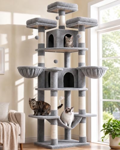 Image of Globlazer Big Cat Tower for Indoor Cats, 80inch Cat Tower for Multiple Adult Cats XXL Cat Tree with Scratching Post, Hammock, 3 Perches, 2 Condos, 2 Hanging Basket, F80, Light Grey