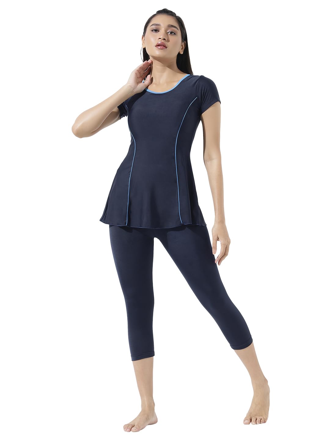 Women's A-line Nylon Half Sleeves 3/4th Pattern Swimwear