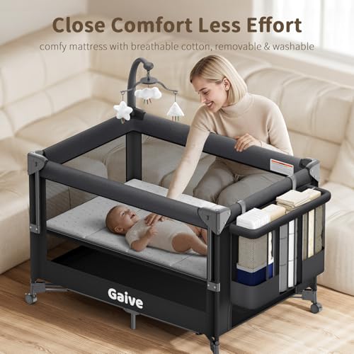 Image of 4 in 1 Baby Bassinet, One-Push Setup Pack and Play, Bedside Crib Sleeper with 3 Height Adjustable，Diaper Changer, Come with Comfy Mattress, Rotating Toy Bar, from Infants to Toddlers (Black)