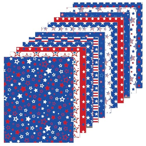 Tegeme 12 Pcs 4th of July Fabric Bundles 18 x 22 Inch Red Blue White Stars Fat Quarters Independence Day Patriotic Quilting Sewing Fabric for DIY Handmade Craft Home Decor 250th Anniversary Party