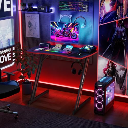 Image of BestOffice Gaming Desk 35 in PC Computer Desk Z Shaped Gaming Workstation Ergonomic Gaming Table with Headphone Hook for Home Office,Black&Red | PC Computer Workstation, Ergonomic Gaming Table, Headphone Hook, For Home Office
