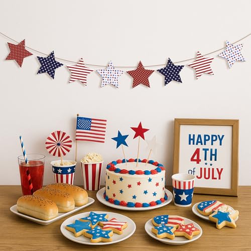 Image of 4th of July Decorations Wooden Red Blue and White Star Patriotic Garland Pre-Assembled Hanging Independence Day, Memorial Day, Veterans Day Banner for Mantle, Fireplace, Wall, Party Supplies