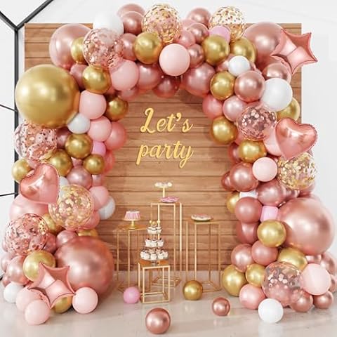 154Pcs Rose Gold Balloons Arch Garland Kit, Bachelorette Pink and Gold Confetti Balloons with Star Heart for Women Girls Birthday Wedding Bridal Baby Shower Valentines Day Party Decorations Cover