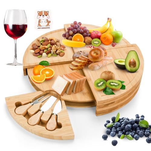 BBWELL Bambus Käsebrett mit Käsemesser Set,Bambus Servierplatten,Käseplatte Charcuterie,Charcuterie Boards Set,Bambus Käseplatte Unterteilt,BBQ...