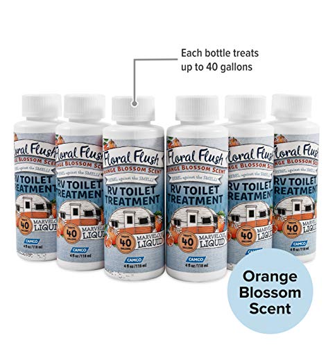 Image of Camco 41481 Floral Flush RV Toilet Treatment Singles, Orange Blossom Scent - Eliminates Odors and Breaks Down Waste - Each Bottle Treats Up to 40-gallons - Contains (6) 4 oz. Bottles (Pack of 4)