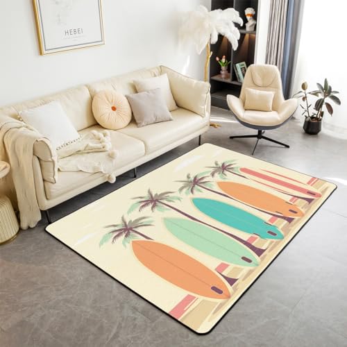 Image of Erosebridal Vintage Surfboard Area Rug for Teens,Tropical Palm Trees Carpet,Colorful Surfboard Indoor Floor Mat Non Slip,Marine Theme Nautical Sea Surfing Decorative Rug for Living Room