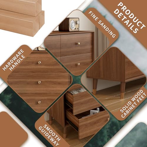 Image of Messenya 6 Drawer Dresser for Bedroom, 47 Inch Walnut Dresser for Closet, Mid Century Wood Chest of Drawers with Natural Texture & Pre-Embedded Slots for TV Stand, Living Room, Hallway, Office