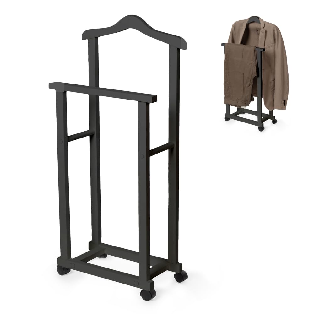 Compactor ALFRED Indossatore Doppio in Bambù, Finitura Nera, con 4 Ruote Piroettanti, Gruccia e Barra Portapantaloni, Appendiabiti da Camera, 42 × 20 × H98,5 cm