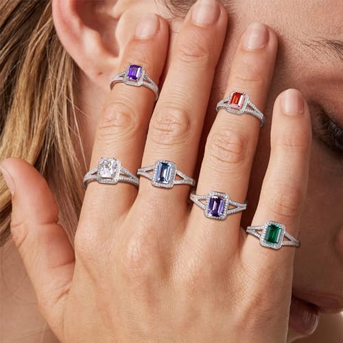 925 Sterling Silver Emerald Cut Engagement Ring Created Gemstome Cubic Zirconia Wedding Promise Ring Split Shank Halo Birthstone Rings for Women Size 6-102