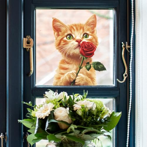 Vinilo decorativo naranja con gatito y rosa roja miniatura 6