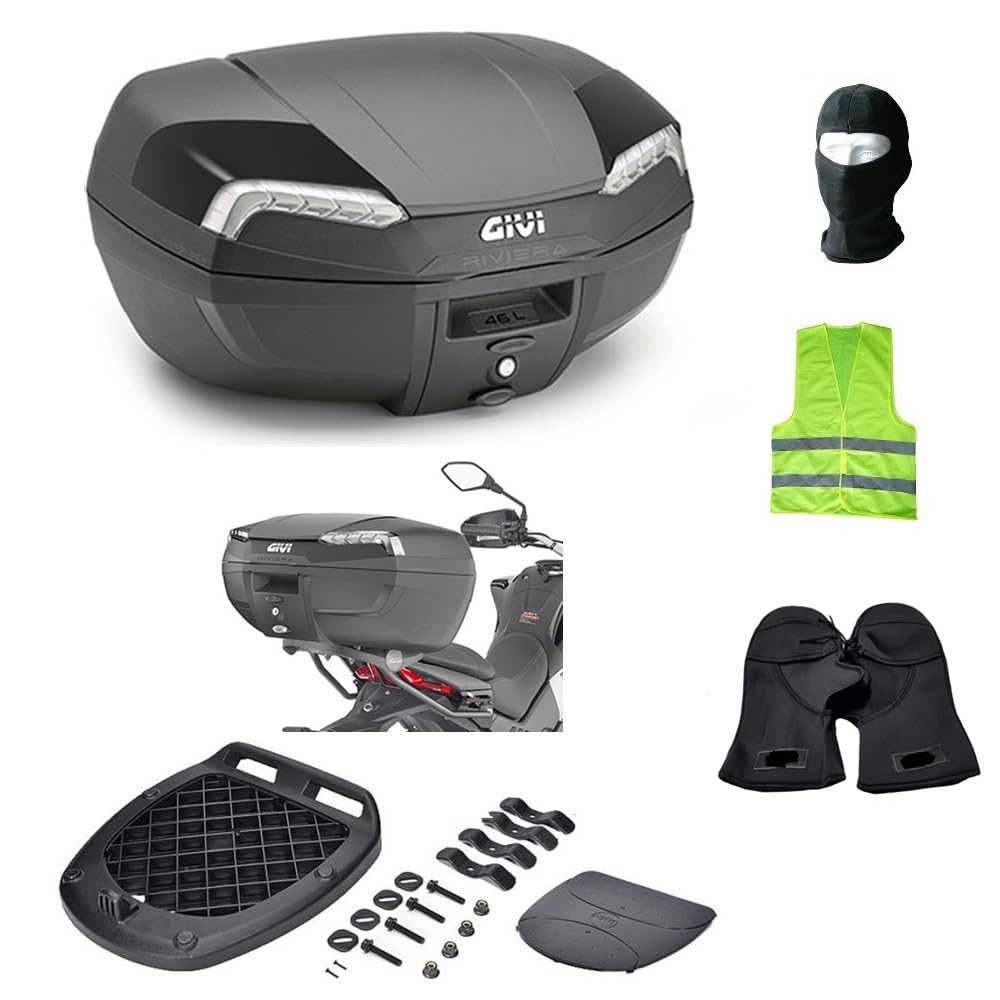 COMPATIBILE CON YAMAHA T-MAX 500 WHITE MAX BAULETTO E46NT VALIGIA GIVI TECH RIVIERA 46 LITRI BAULE PER MOTO SCOOTER+PIASTRA E KIT UNIVERSALE PER PORTAPACCHI POSTERIORE
