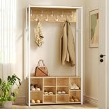 VASAGLE Kleiderständer, Garderobe, Eingangsmöbel mit Schuhregal, offene Fächer, Kleiderhaken, verstellbare Ablagen, modern, für Flur, Eingangsbereich, eichenfarben-weiß HSR432YA01