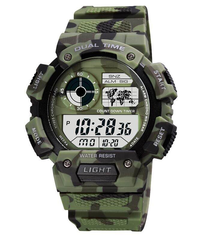 ROSEBEAR Reloj Digital de Cuarzo para Hombre, Resistente al Agua hasta 50 m, Reloj Deportivo electrónico, Reloj Digital con Doble Hora, Correa de Poliuretano, Camuflaje Verde Militar.