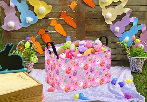 Image of Rectangle Gift Storage Basket Home Shelf Storage Basket Organizer Box Clothes Laundry Hamper Nursery Basket Laundry Basket with Handles (Pink egg)