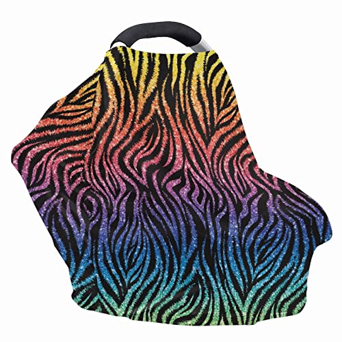 Image of Coldinair Rainbow Zebra Print Car Seat Cover for Babies Boys Girls,Soft Stretchy Nursing Cover,Breathable Infant Carseat Canopy,Shopping Cart /High Chair /Stroller Covers