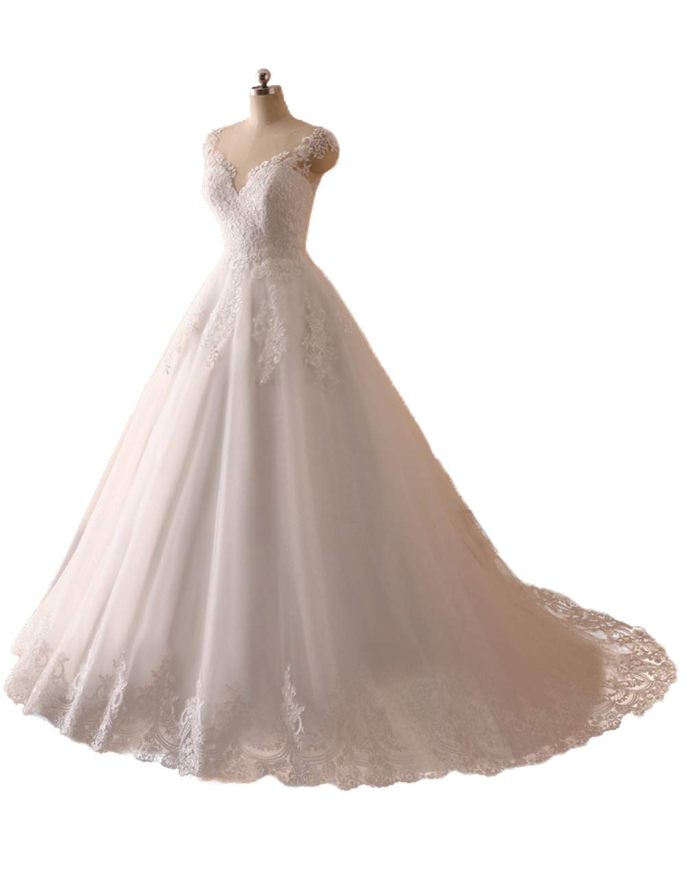 Elegante Vestido de Encaje de Cuello a V Vestido de Dama de Honor, Blanco, 58