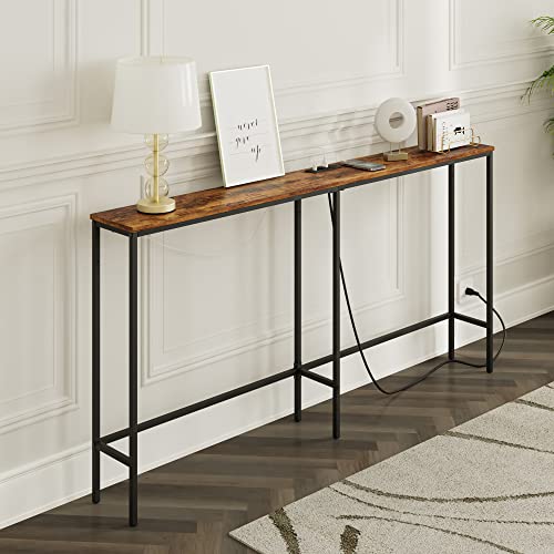 Image of Masupu 63 Inch Console Table with Power Outlet,Modern Narrow Long Sofa Table Behind Couch,Skinny Entry Table with Gold Metal Frame for Entryway,Living Room, Hallway,Rustic Brown