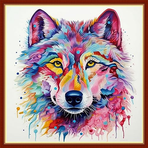 Image of Findvoor Stamped Cross Stitch Kits for Beginners Full Range of Cross Stitching Embroidery Pattern for Adults, 11CT DIY Needlepoint Embroidery Starter Kits-Colorful Wolf 17.7x17.7 inch