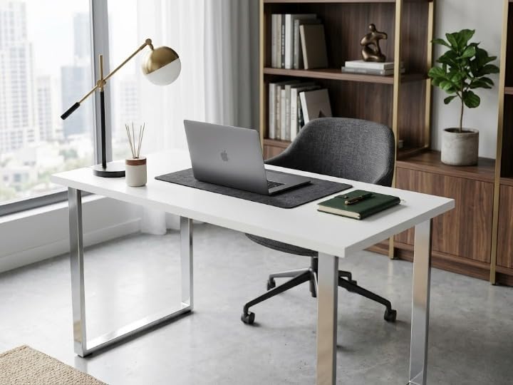 Image of Modern Engineered Wood Study Table with Metal Frame - Office & Home Desk Pack of 1 (White)
