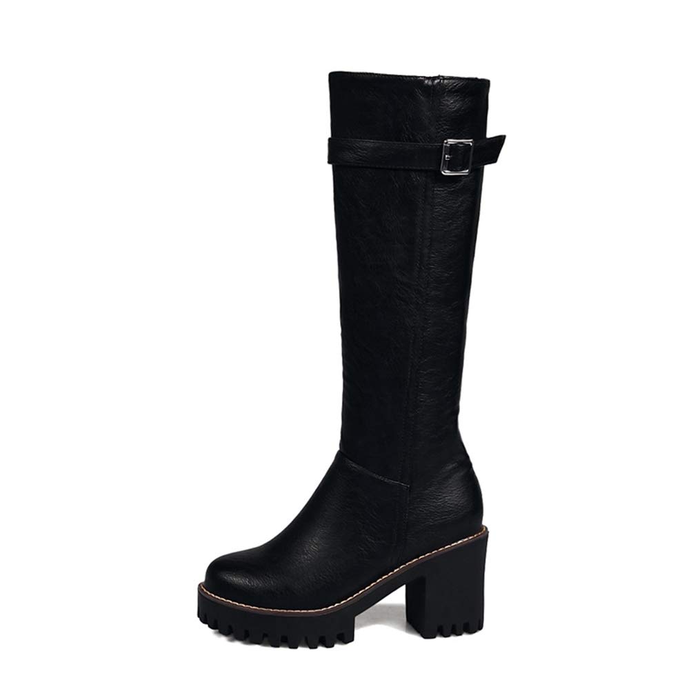 Women Winter Knee High Boots Retro Round Toe Square Heel Warm Shoes Ladies Work Casual Buckle Zip Leather Long Boot