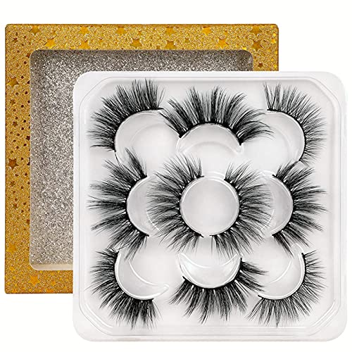 FANXITON False Eyelashes 5 Styles Mixed Fake Lashes Pack 3D Fluffy Volume Faux Mink Lashes 5 Pairs with Glitter Eyelash Box