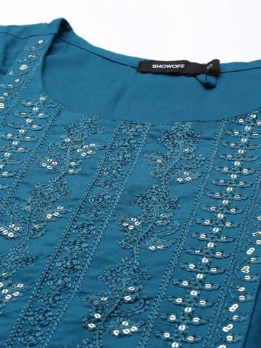 Image of SHOWOFFFF Women Solid Straight Ethnic Kurta | Round Neck 3 /4th Sleeves Cotton Kurta for Womens | Regular Fit Calf Length Kurta for Women's
